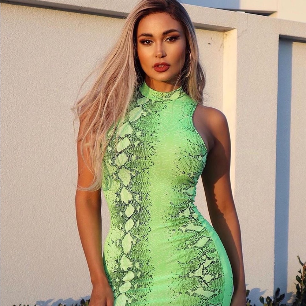 Neon Green Snake Print HighNeck Bodycon Mini Dress